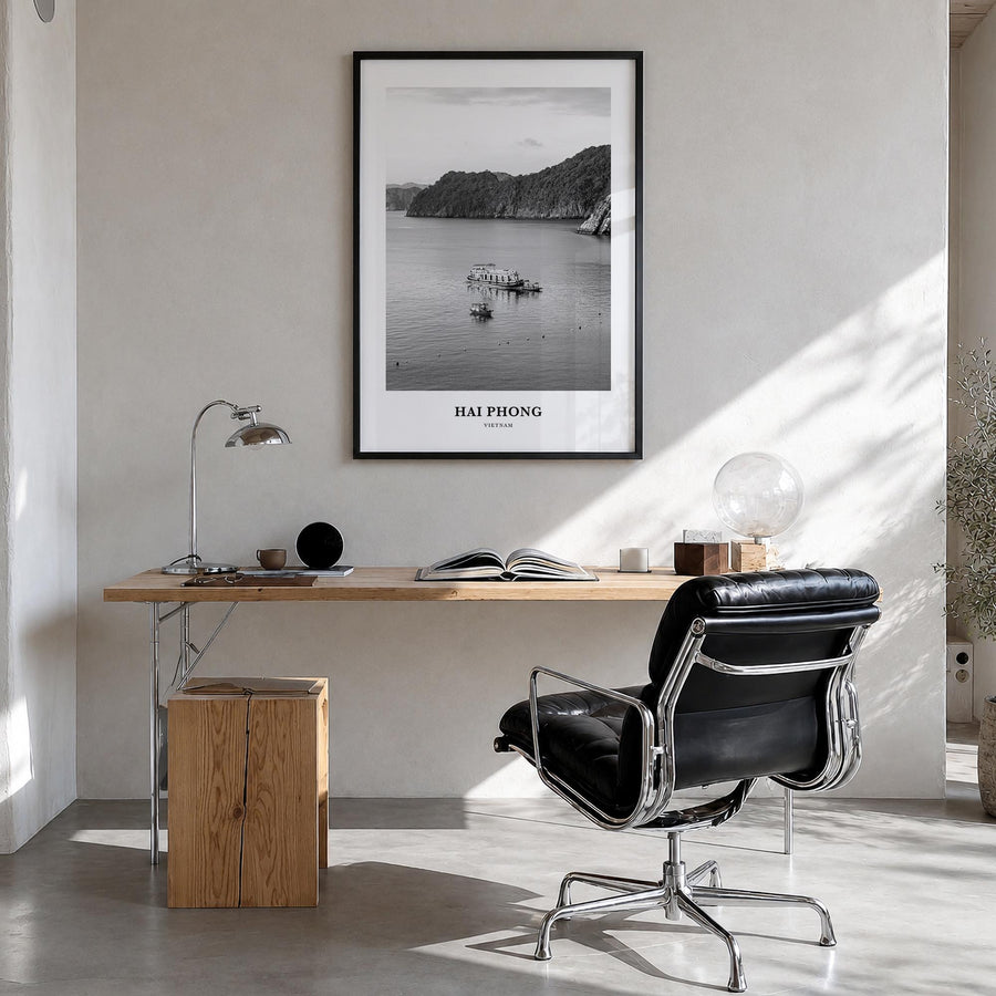 Hai Phong black & white classic poster of Vietnam – vertical wall art in black wood frame, hanging on wall