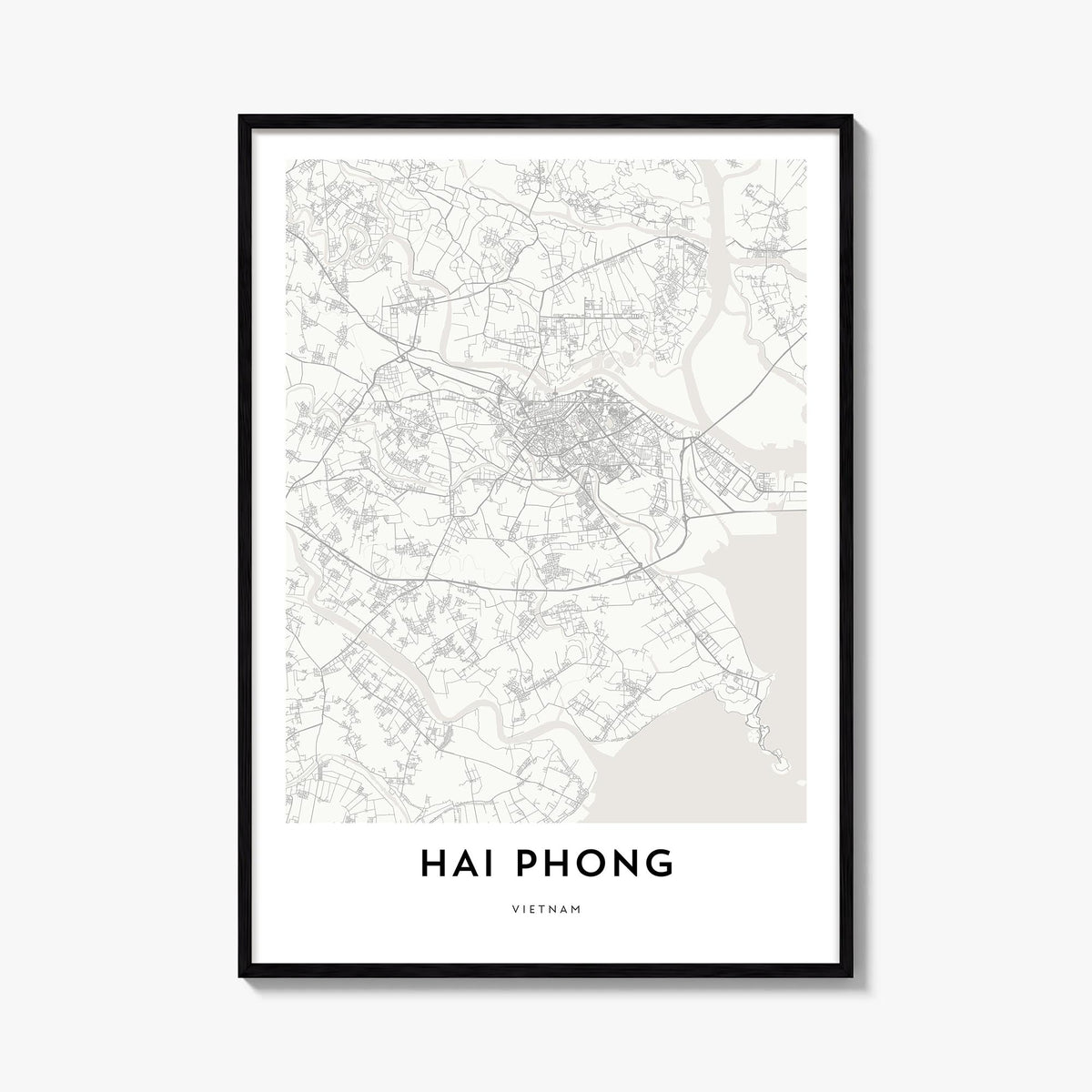 Hai Phong black & white map poster of Vietnam – vertical wall art, unframed print shown in interior mockup