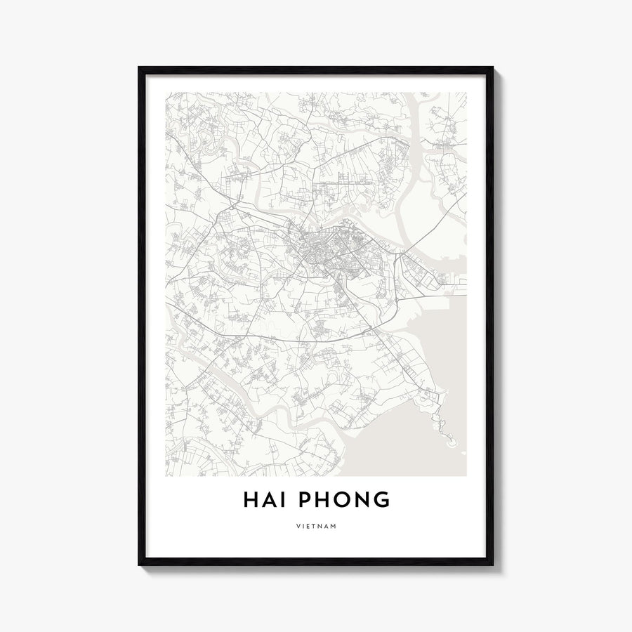 Hai Phong black & white map poster of Vietnam – vertical wall art, unframed print shown in interior mockup