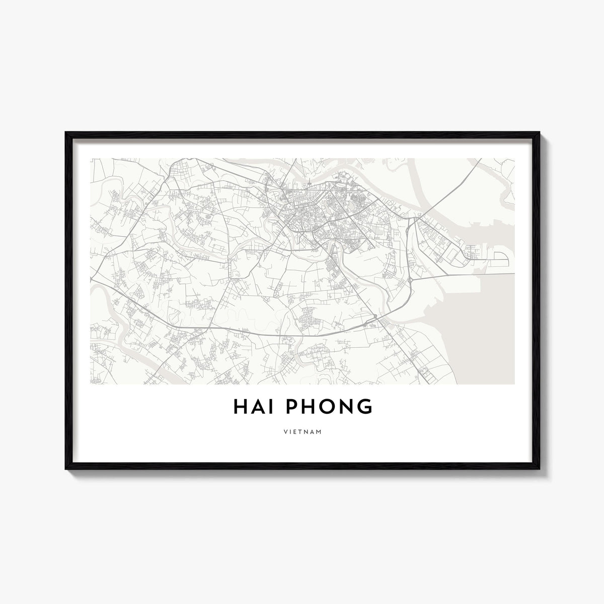 Hai Phong black & white map poster of Vietnam – horizontal wall art, unframed print shown in interior mockup
