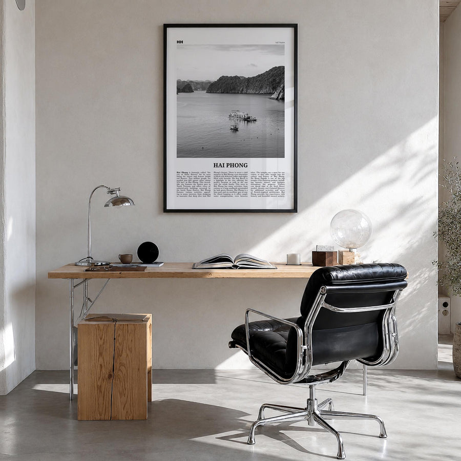 Hai Phong black & white newspaper poster of Vietnam – vertical wall art in black wood frame, hanging on wall