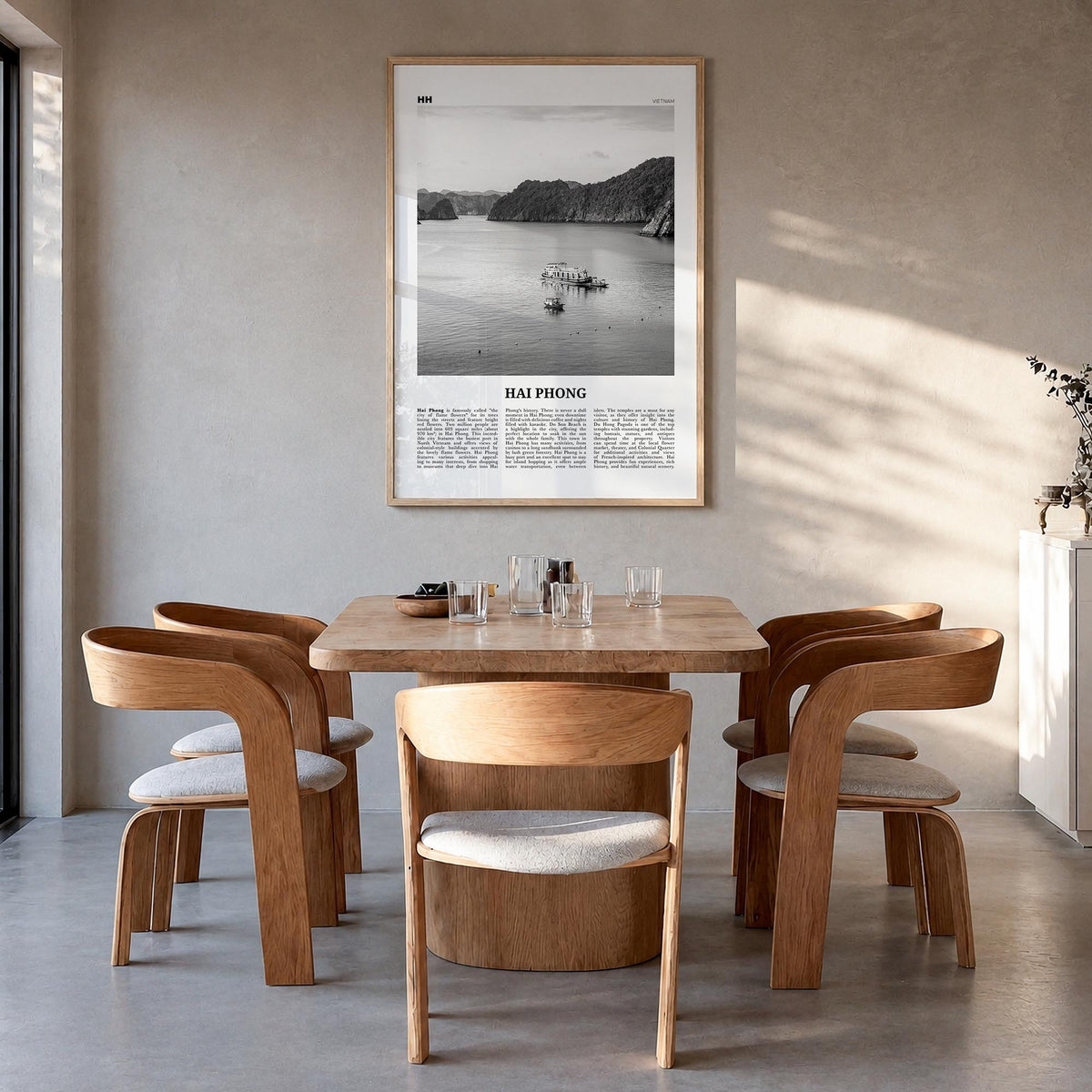 Hai Phong black & white newspaper poster of Vietnam – vertical wall art in natural wood frame, hanging on wall