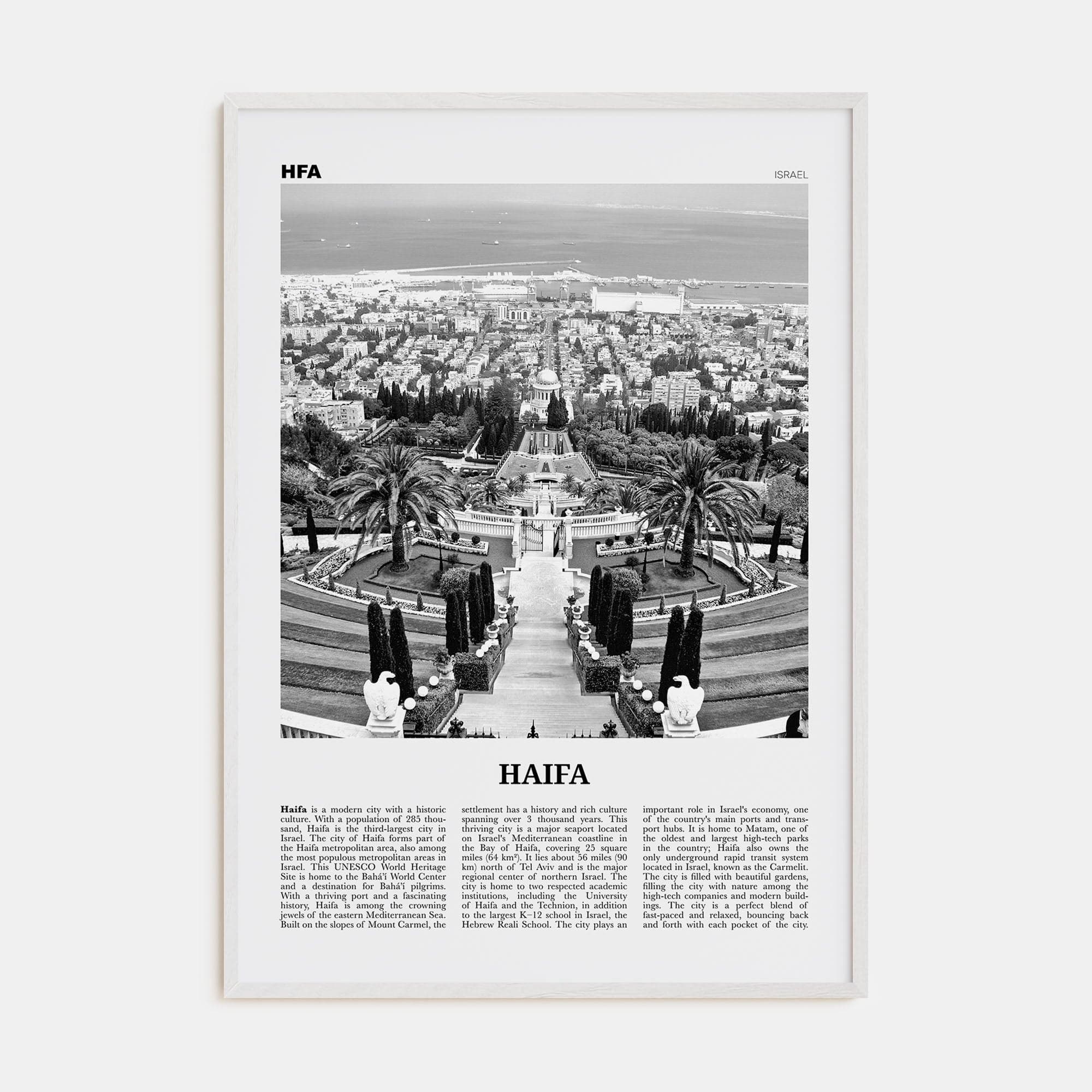 Haifa Poster White Wood / 8x12 in Nbourhood Travel B&W Poster