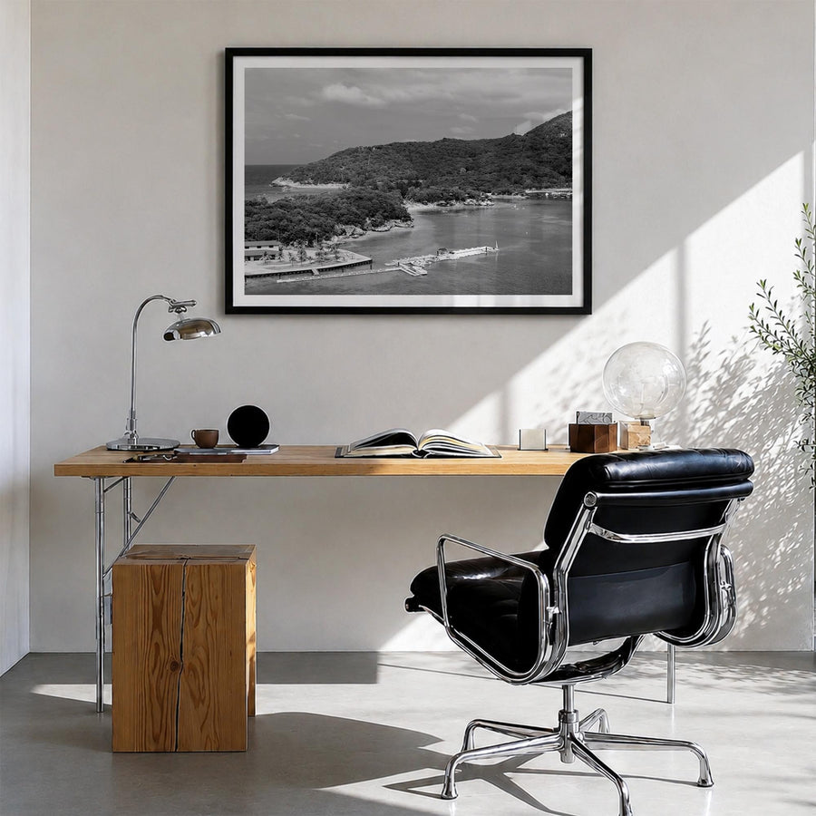 Haiti black & white photo poster of Caribbean – horizontal wall art in black wood frame with white border, hanging on wall
