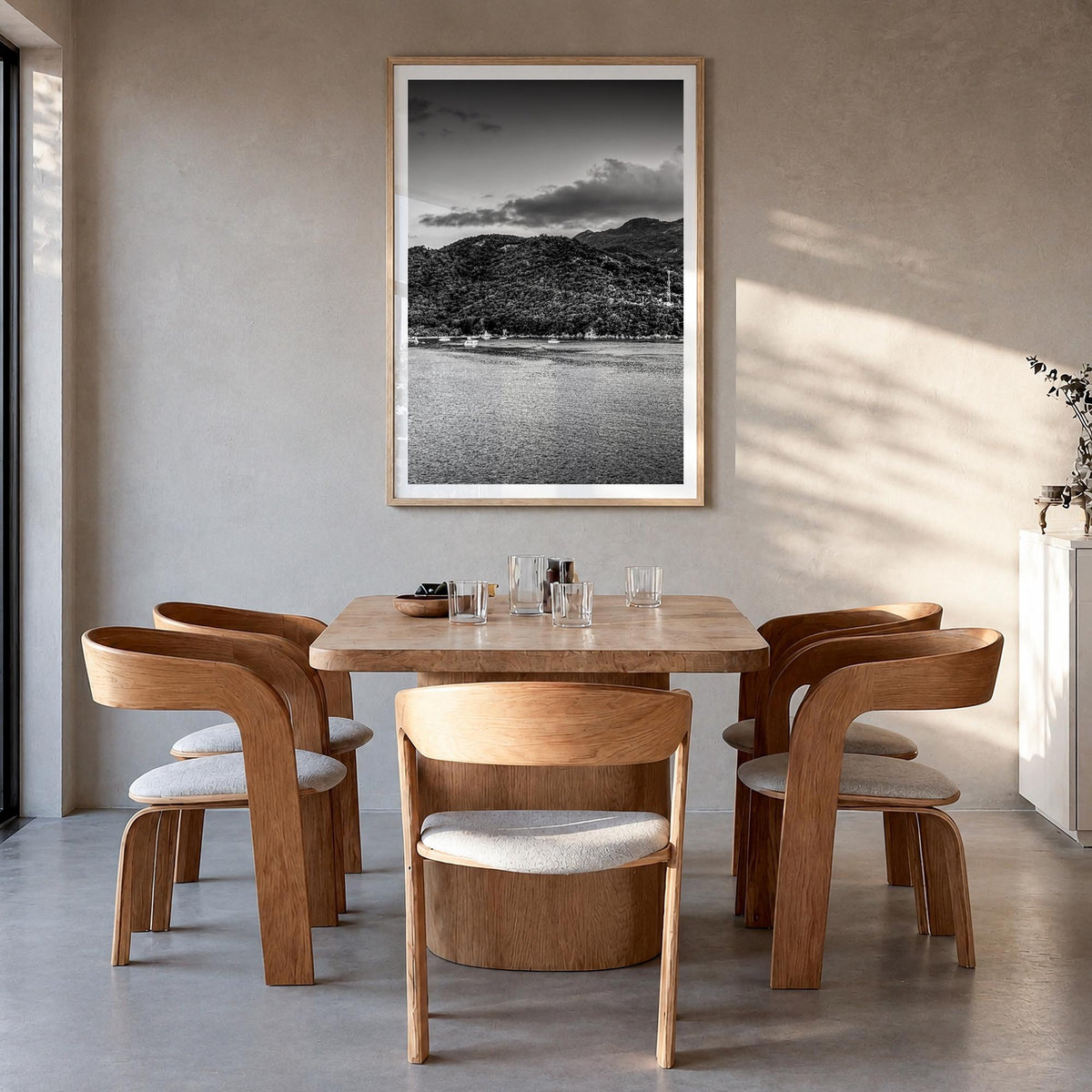 Haiti black & white photo poster of Caribbean – vertical wall art in natural wood frame with white border, hanging on wall