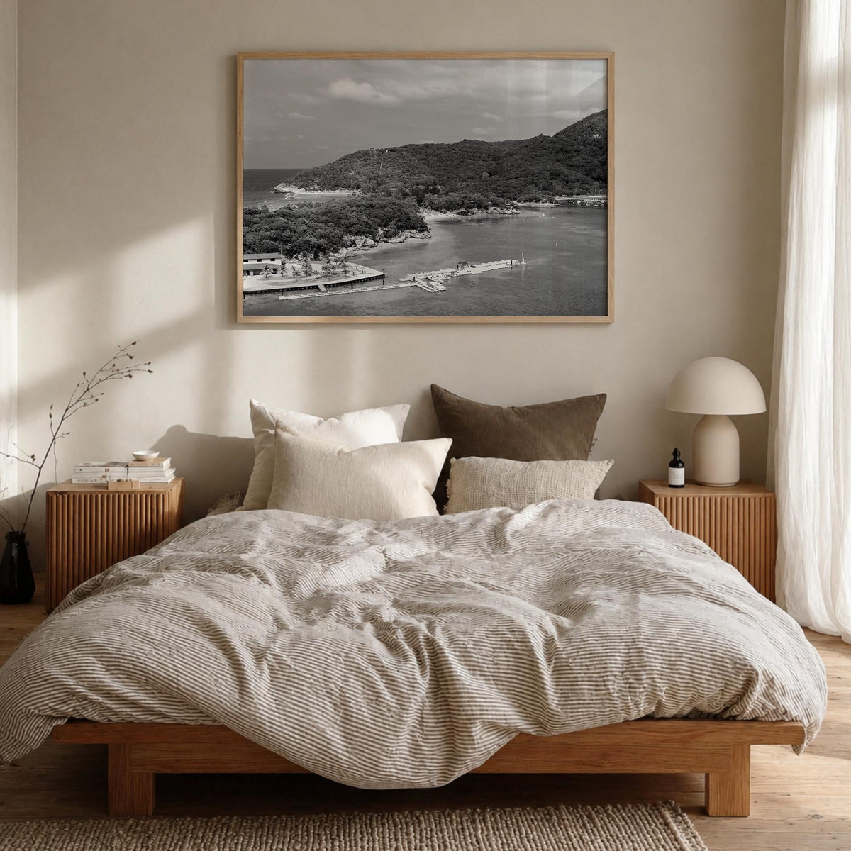Haiti black & white photo poster of Caribbean – horizontal wall art in natural wood frame, hanging on wall
