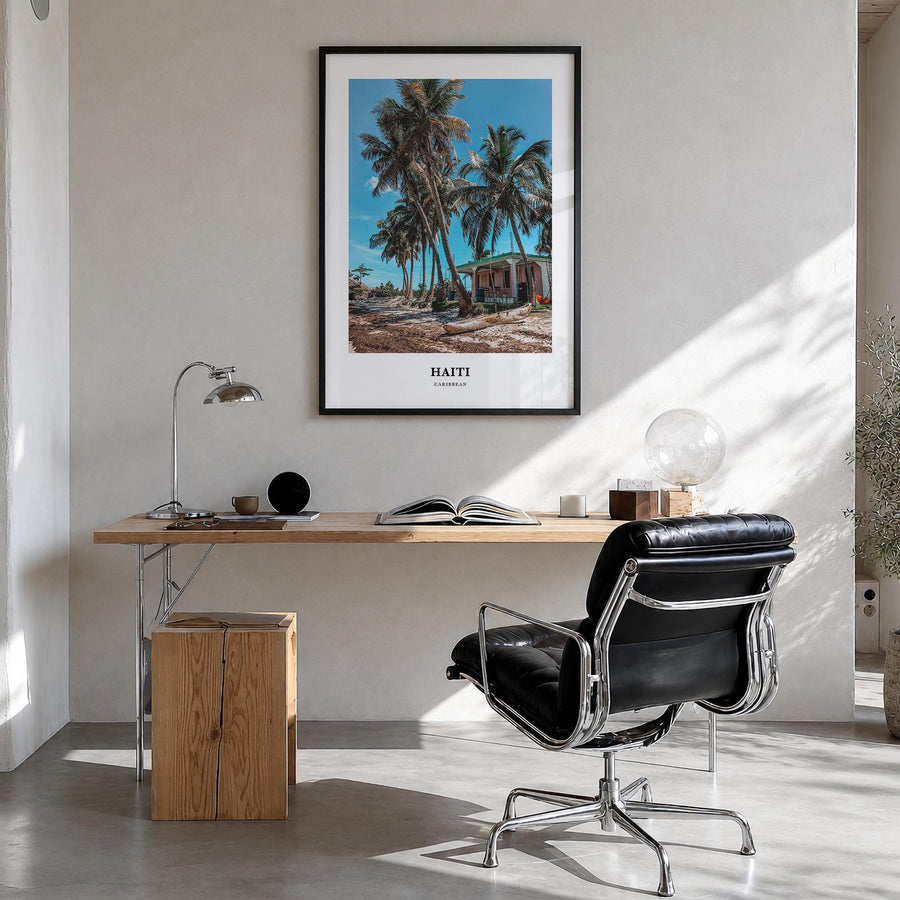 Haiti colorful classic poster of Caribbean – vertical wall art in black wood frame, hanging on wall