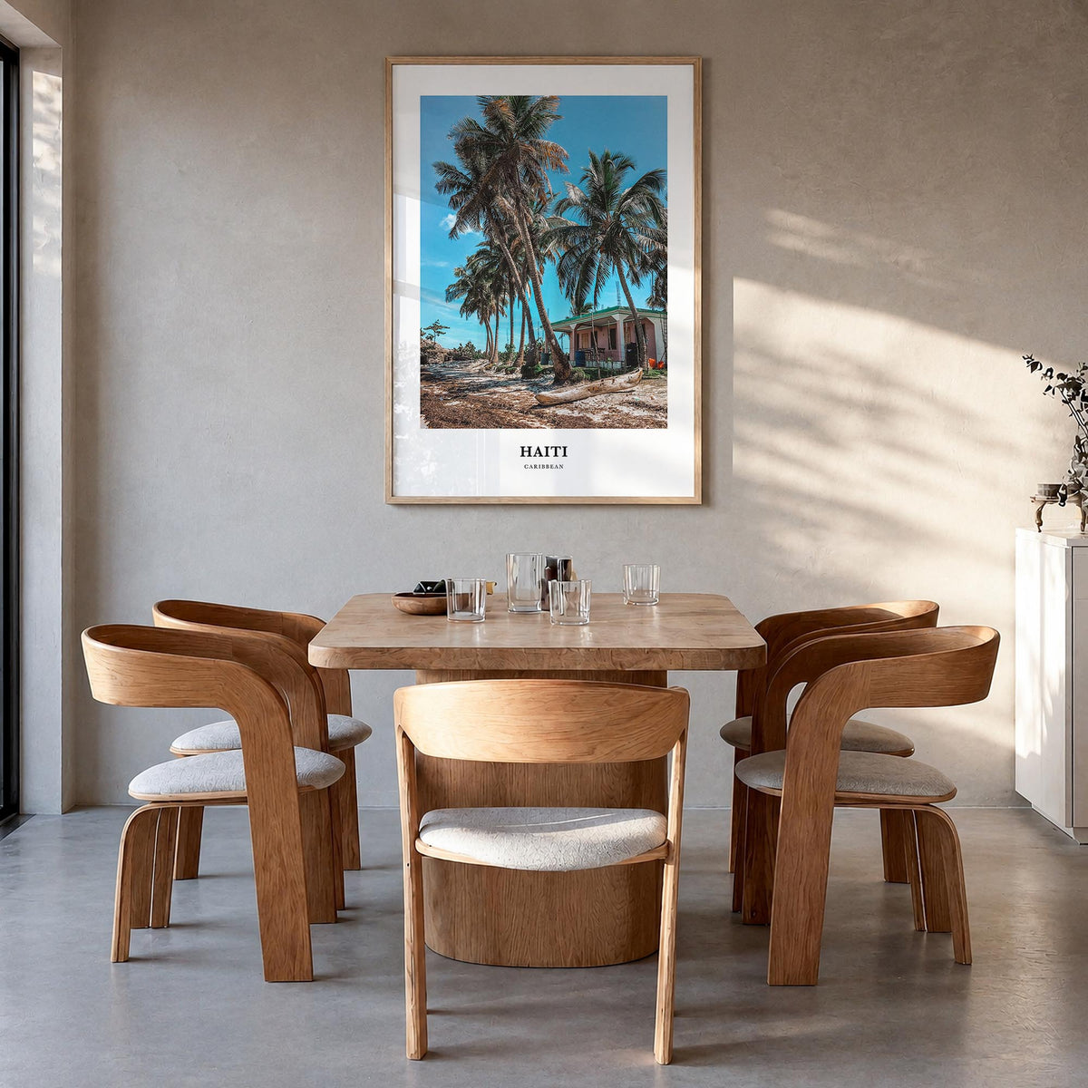 Haiti colorful classic poster of Caribbean – vertical wall art in natural wood frame, hanging on wall