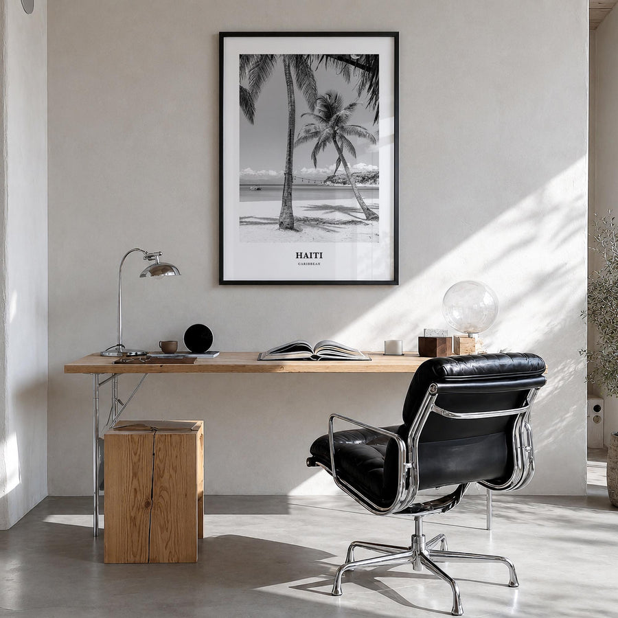 Haiti no. 1 black & white classic poster of Caribbean – vertical wall art in black wood frame, hanging on wall
