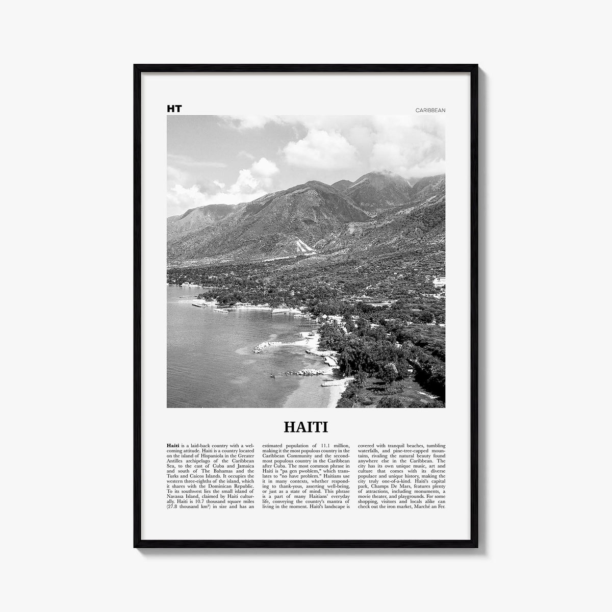 Haiti no. 1 black & white newspaper poster of Caribbean – vertical wall art, unframed print shown in interior mockup