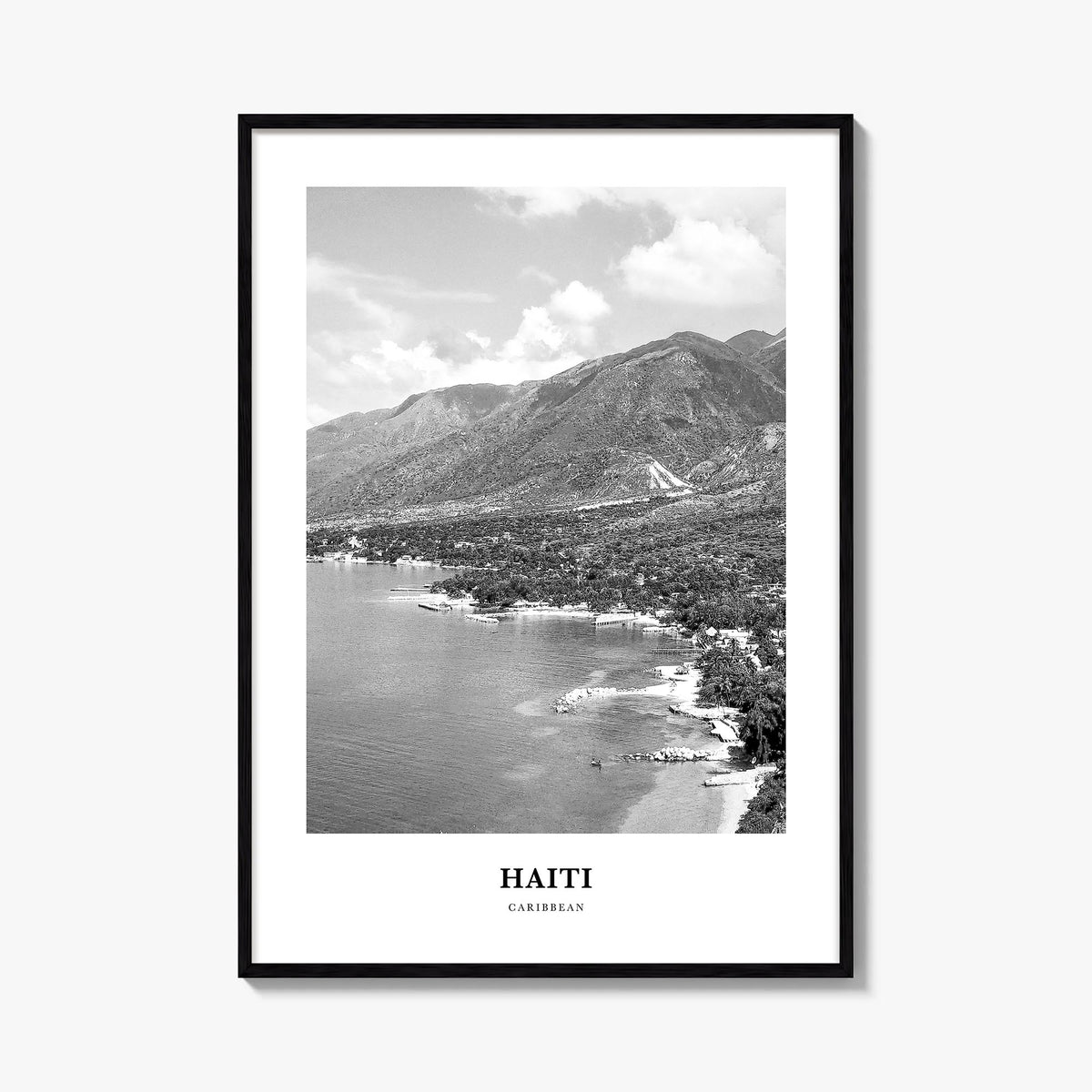Haiti no. 2 black & white classic poster of Caribbean – vertical wall art, unframed print shown in interior mockup
