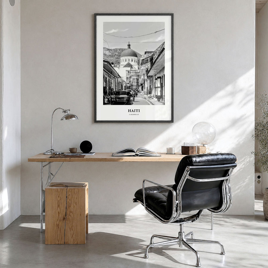 Haiti Classic No 3 Poster in a black wood frame, hanging in a bright home office