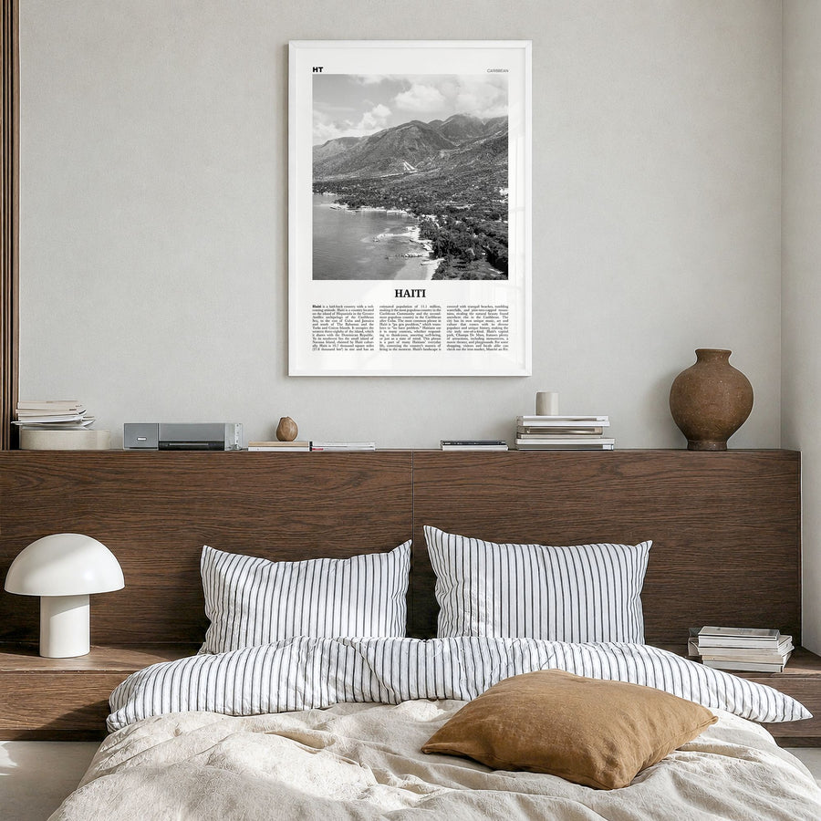 Haiti Newspaper No 1 Poster in a white wood frame, hanging in a bedroom