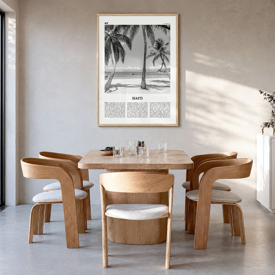 Haiti Newspaper No 3 Poster in a natural wood frame, hanging in a dining room