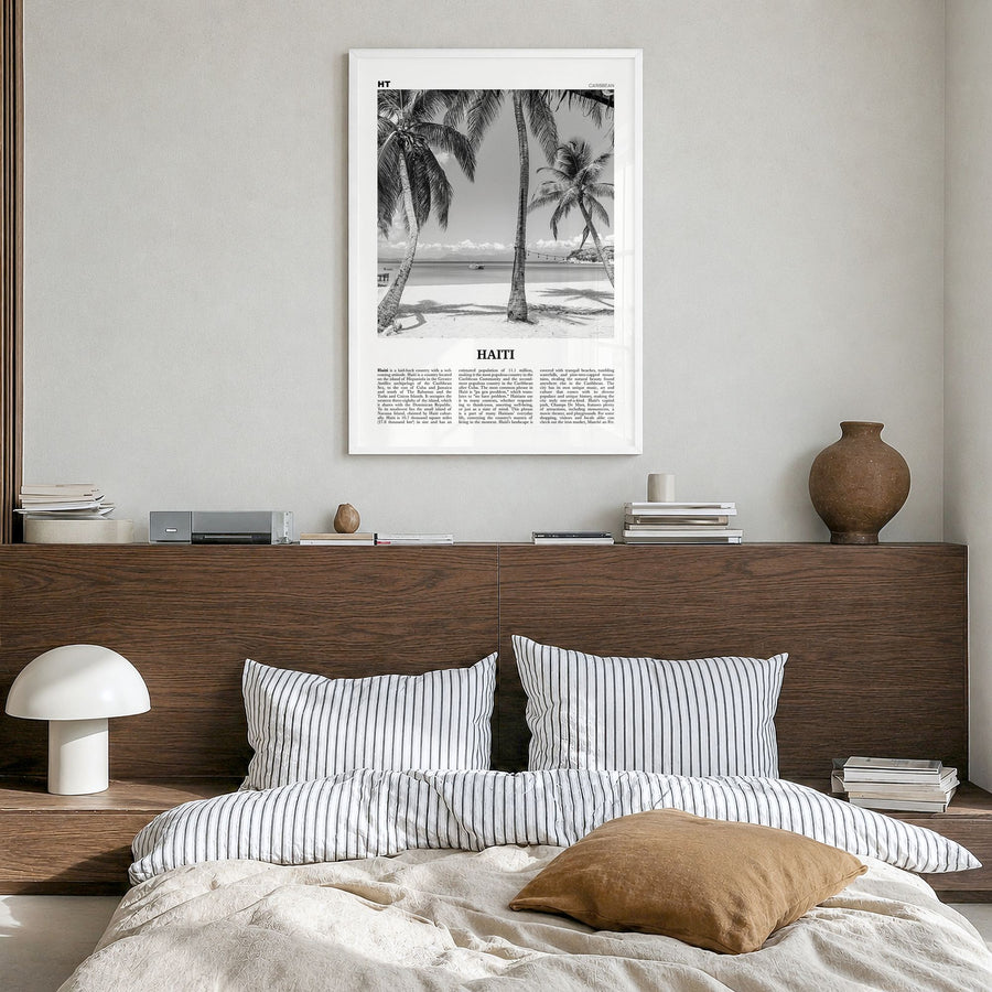 Haiti Newspaper No 3 Poster in a white wood frame, hanging in a bedroom