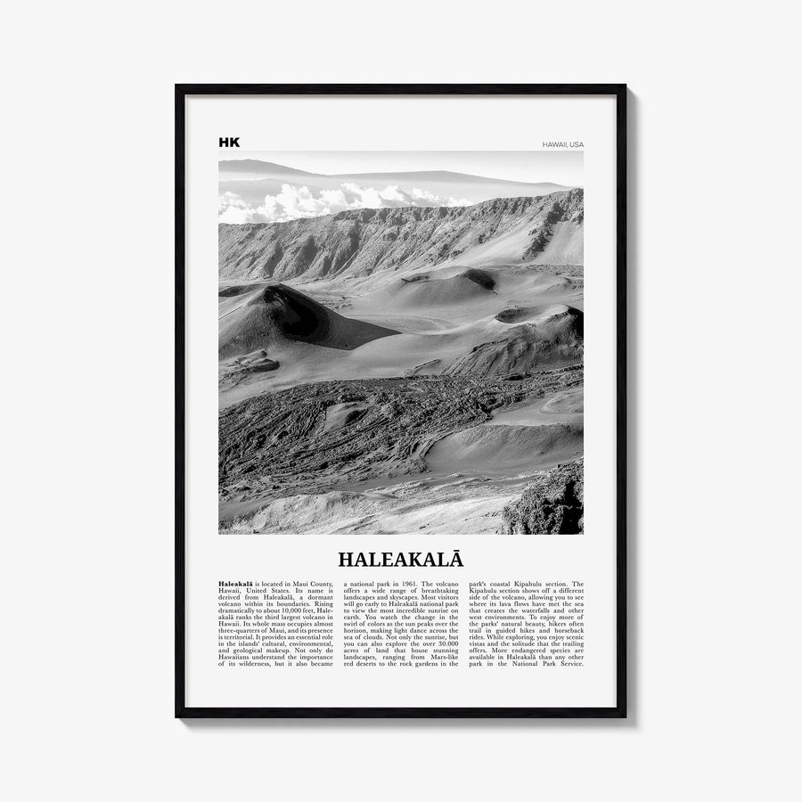 Haleakalā black & white newspaper poster of Hawaii, USA – vertical wall art, unframed print shown in interior mockup