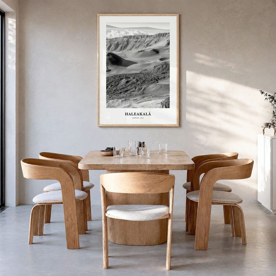 Haleakalā Classic Poster in a natural wood frame, hanging in a dining room