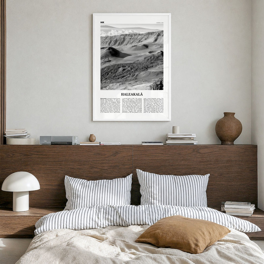 Haleakalā Newspaper Poster in a white wood frame, hanging in a bedroom