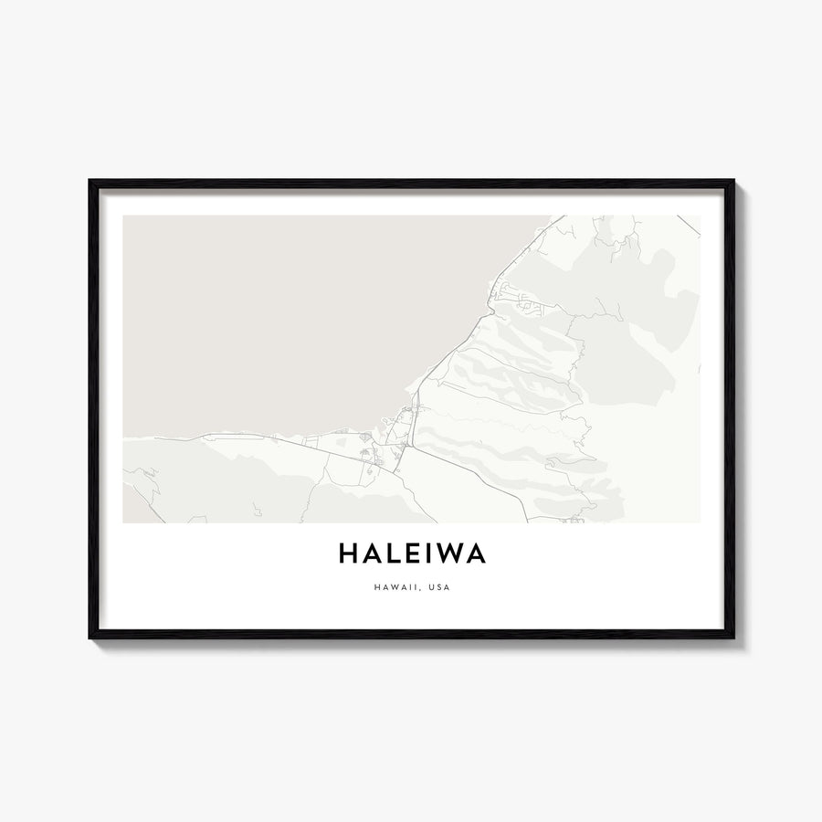 Haleiwa black & white map poster of Hawaii, USA – horizontal wall art, unframed print shown in interior mockup