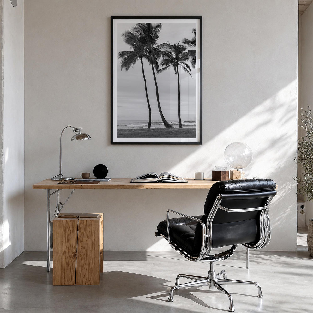 Haleiwa black & white photo poster of Hawaii, USA – vertical wall art in black wood frame with white border, hanging on wall