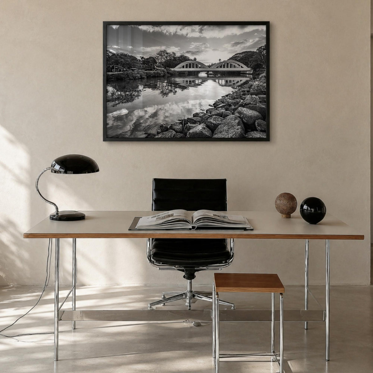 Haleiwa black & white photo poster of Hawaii, USA – horizontal wall art in black wood frame, hanging on wall