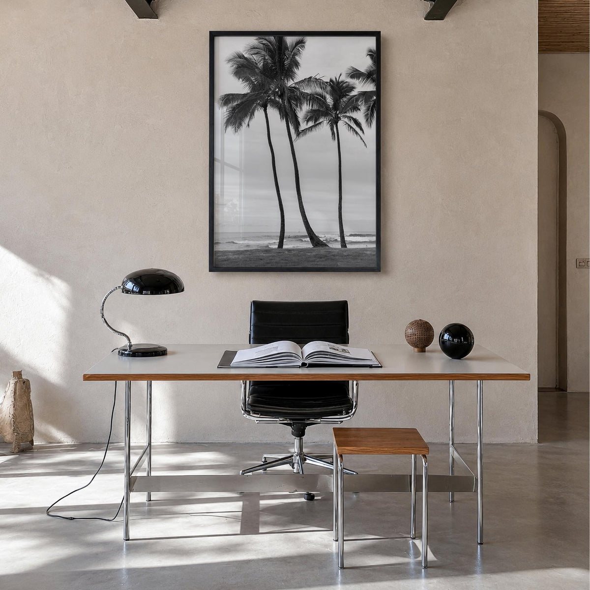 Haleiwa black & white photo poster of Hawaii, USA – vertical wall art in black wood frame, hanging on wall