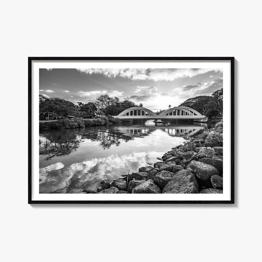 Haleiwa black & white photo poster of Hawaii, USA – horizontal wall art, unframed print shown in interior mockup