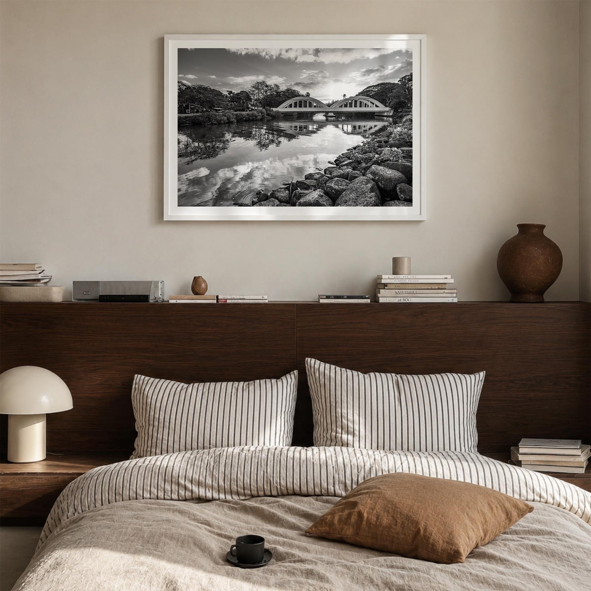 Haleiwa black & white photo poster of Hawaii, USA – horizontal wall art in white wood frame with white border, hanging on wal