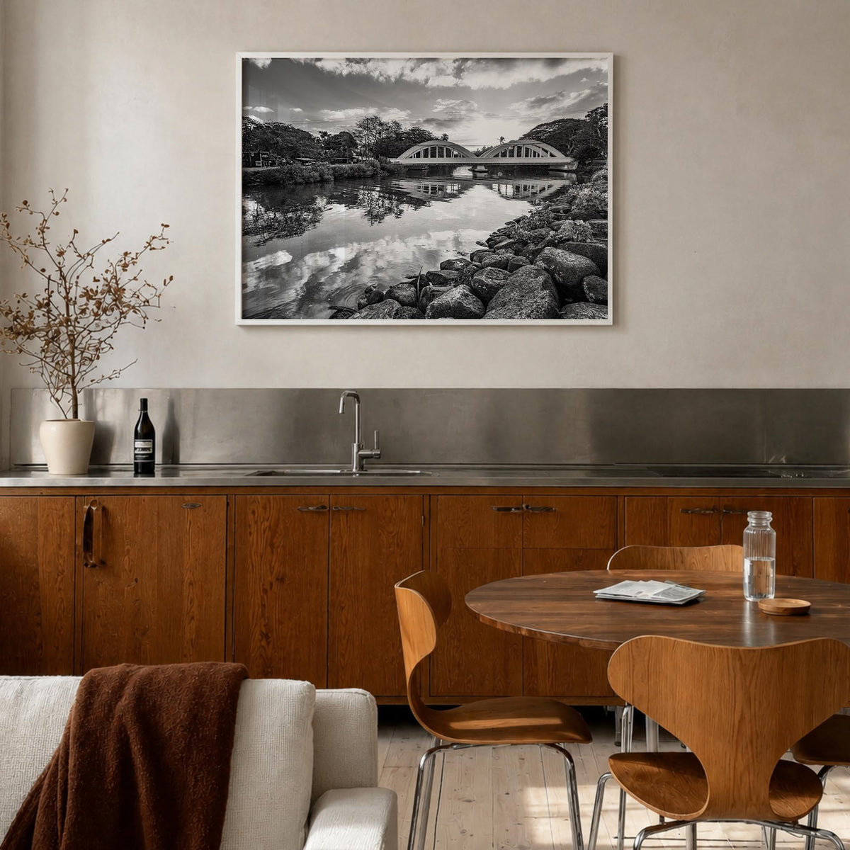 Haleiwa black & white photo poster of Hawaii, USA – horizontal wall art in white wood frame, hanging on wall