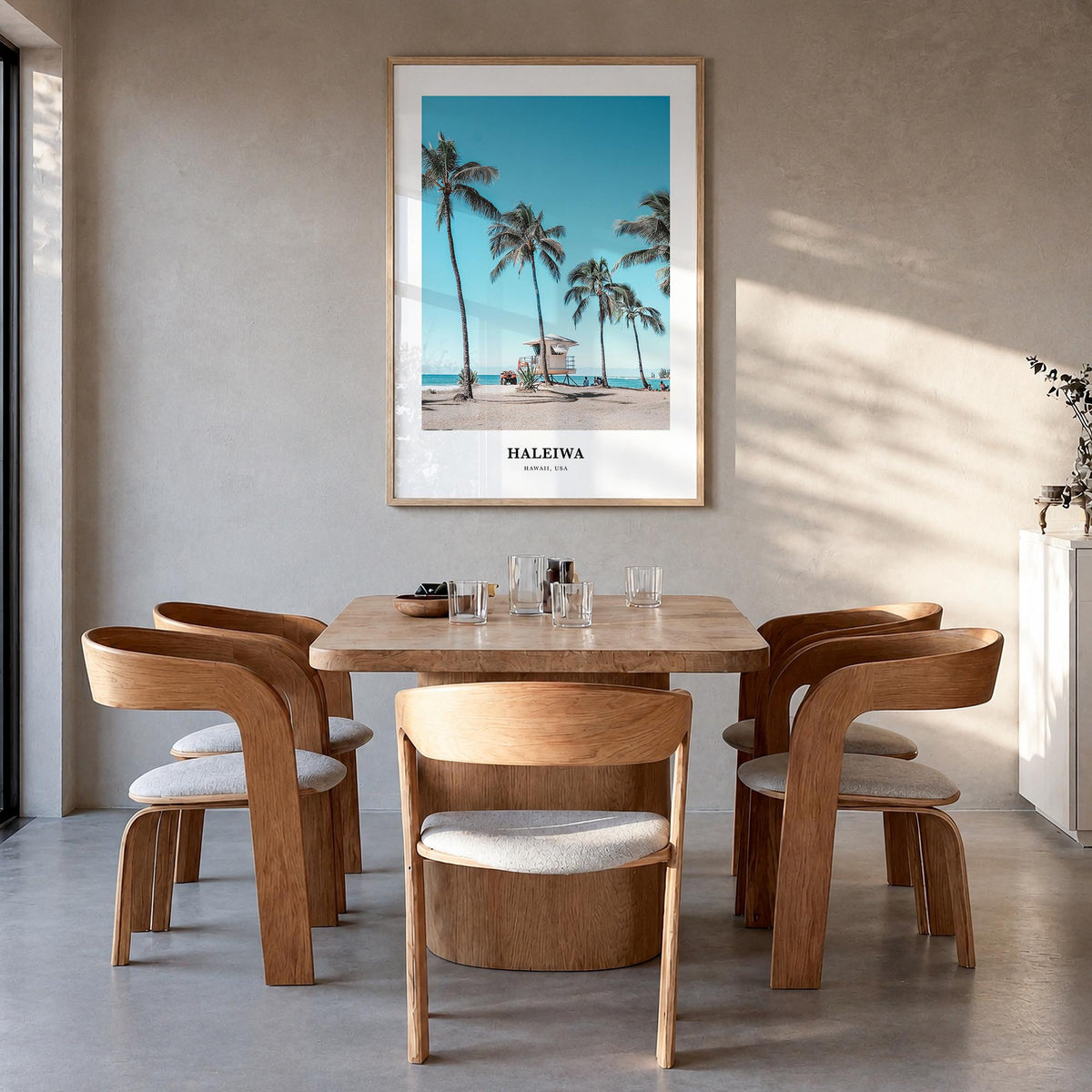 Haleiwa colorful classic poster of Hawaii, USA – vertical wall art in natural wood frame, hanging on wall