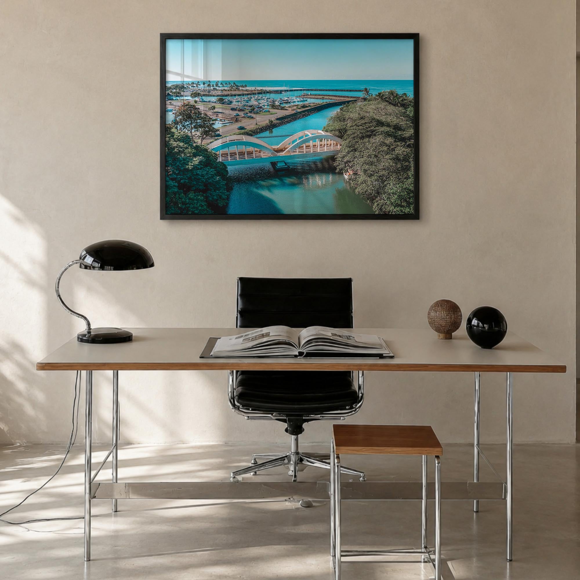 Haleiwa colorful photo poster of Hawaii, USA – horizontal wall art in black wood frame, hanging on wall