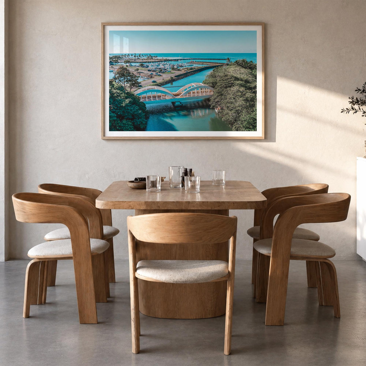 Haleiwa colorful photo poster of Hawaii, USA – horizontal wall art in natural wood frame with white border, hanging on wall