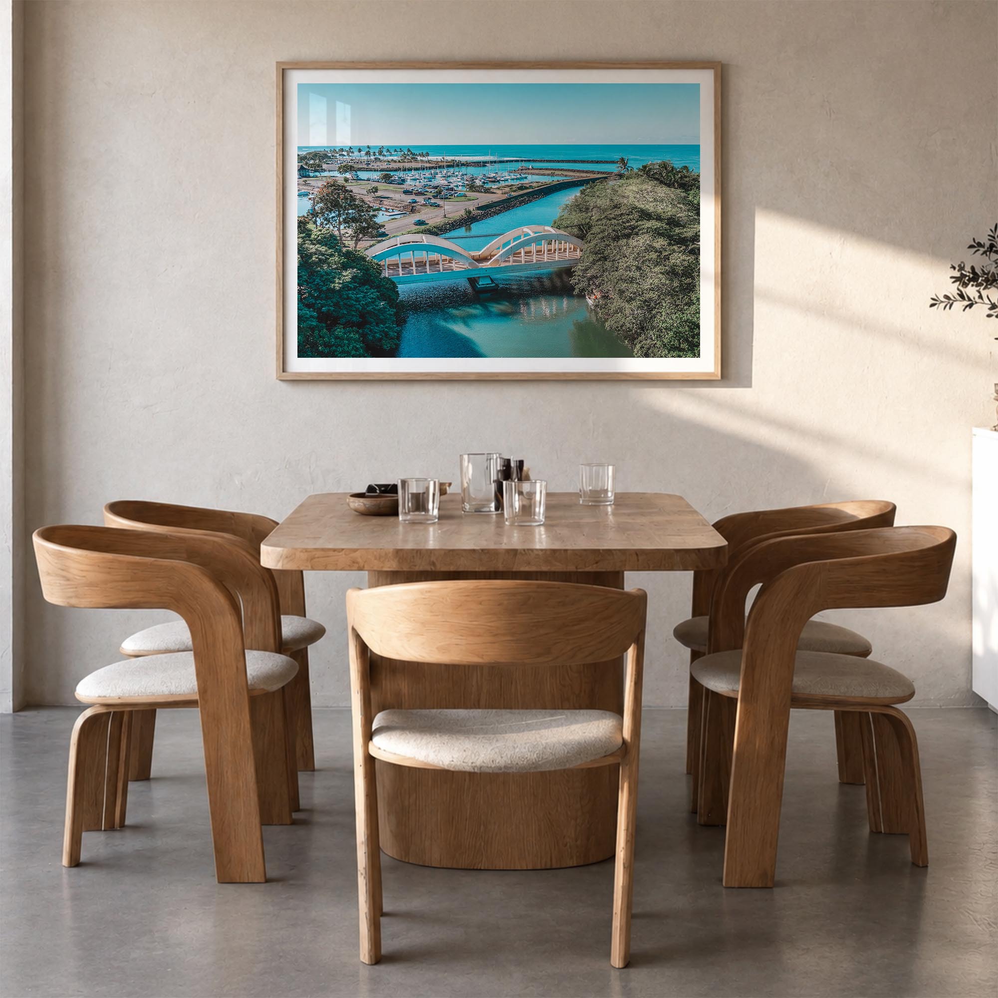 Haleiwa colorful photo poster of Hawaii, USA – horizontal wall art in natural wood frame with white border, hanging on wall