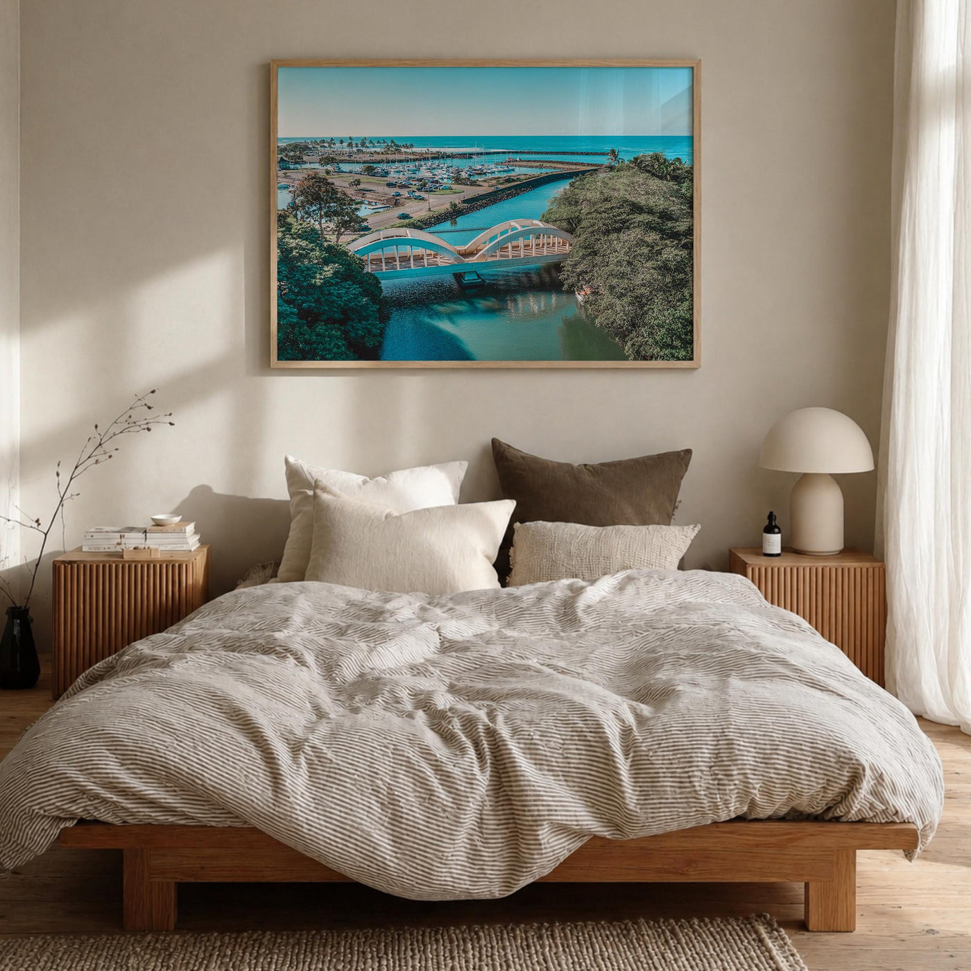 Haleiwa colorful photo poster of Hawaii, USA – horizontal wall art in natural wood frame, hanging on wall