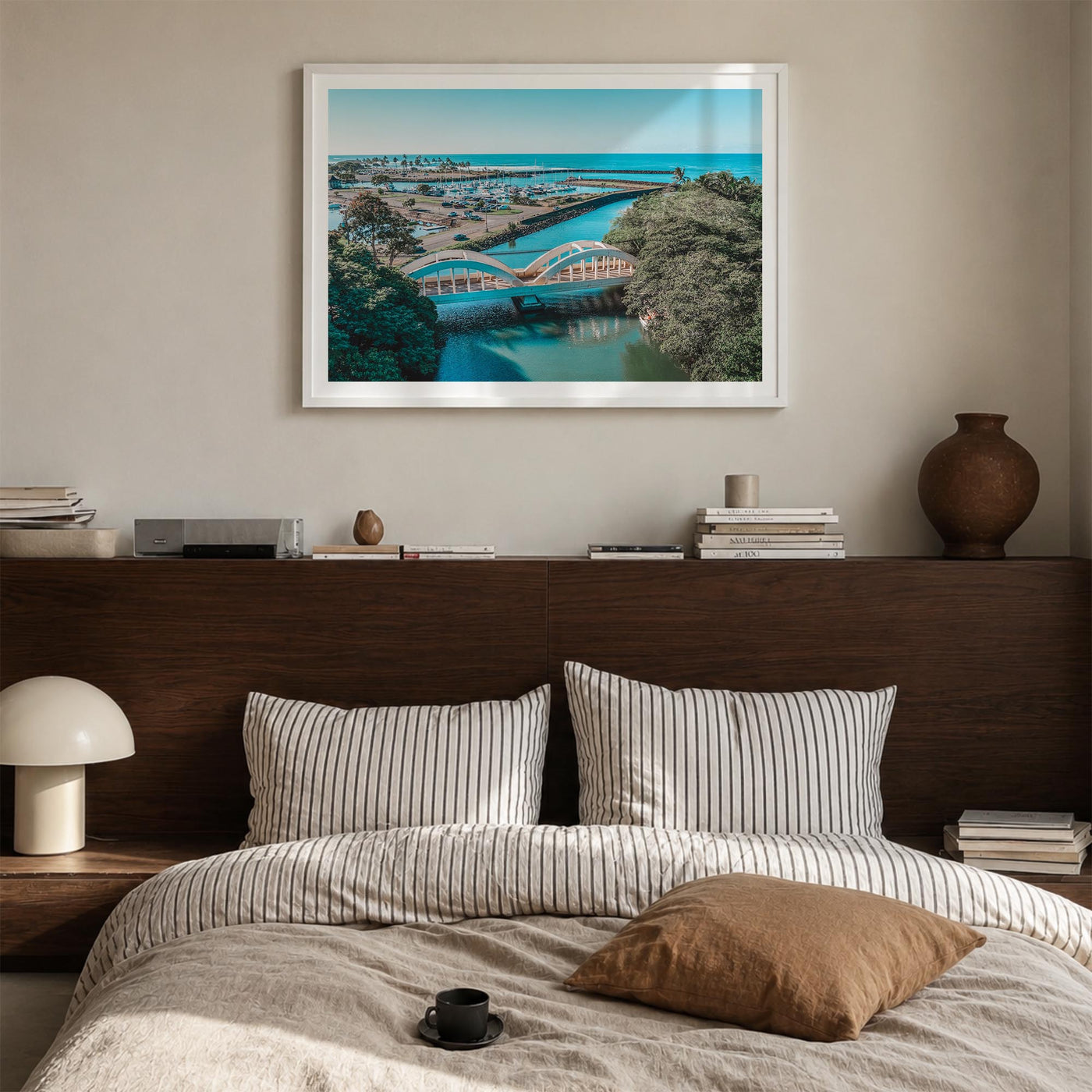 Haleiwa colorful photo poster of Hawaii, USA – horizontal wall art in white wood frame with white border, hanging on wall
