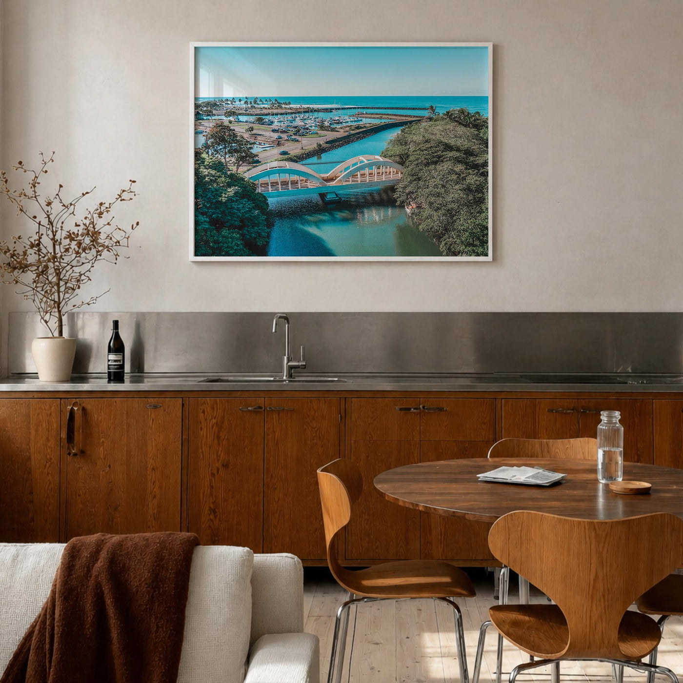 Haleiwa colorful photo poster of Hawaii, USA – horizontal wall art in white wood frame, hanging on wall