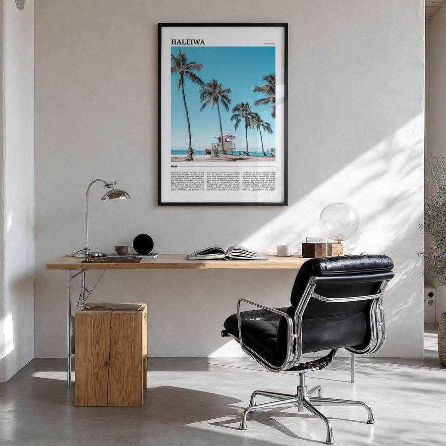 Haleiwa colorful travel poster of Hawaii, USA – vertical wall art in black wood frame, hanging on wall