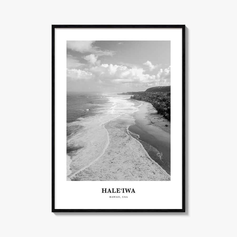 Haleiwa no. 2 black & white classic poster of Hawaii, USA – vertical wall art, unframed print shown in interior mockup