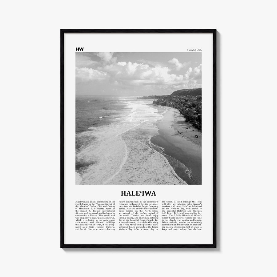 Haleiwa no. 2 black & white newspaper poster of Hawaii, USA – vertical wall art, unframed print shown in interior mockup