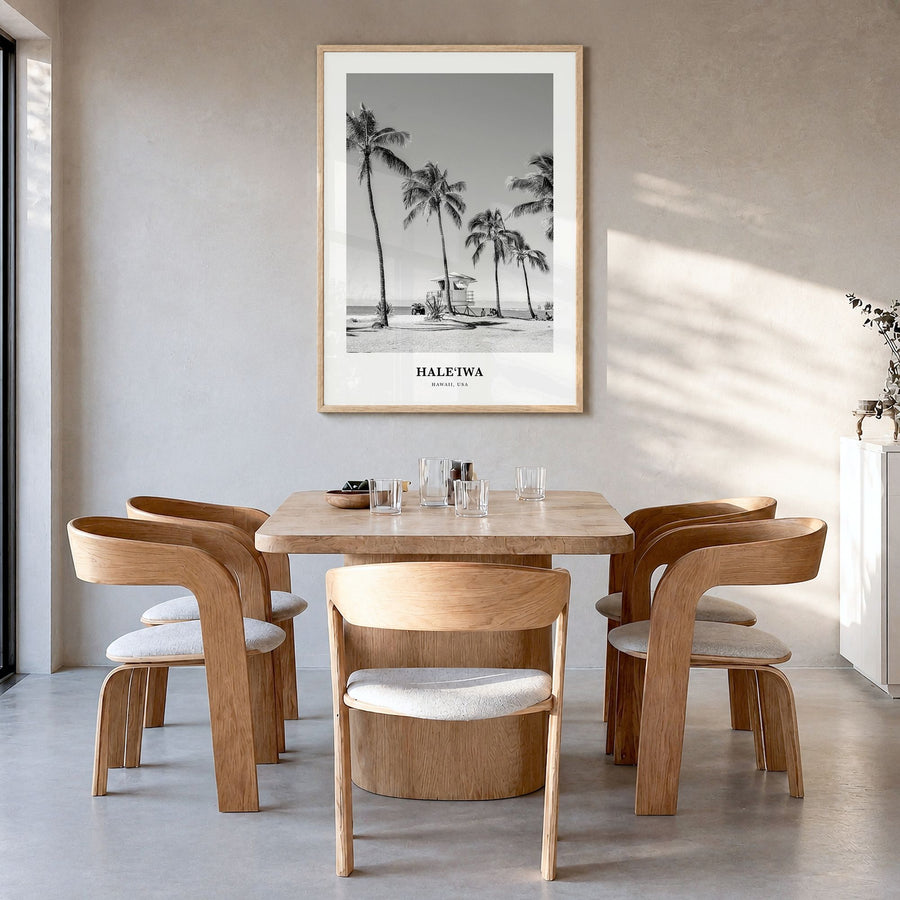 Haleiwa Classic No 1 Poster in a natural wood frame, hanging in a dining room