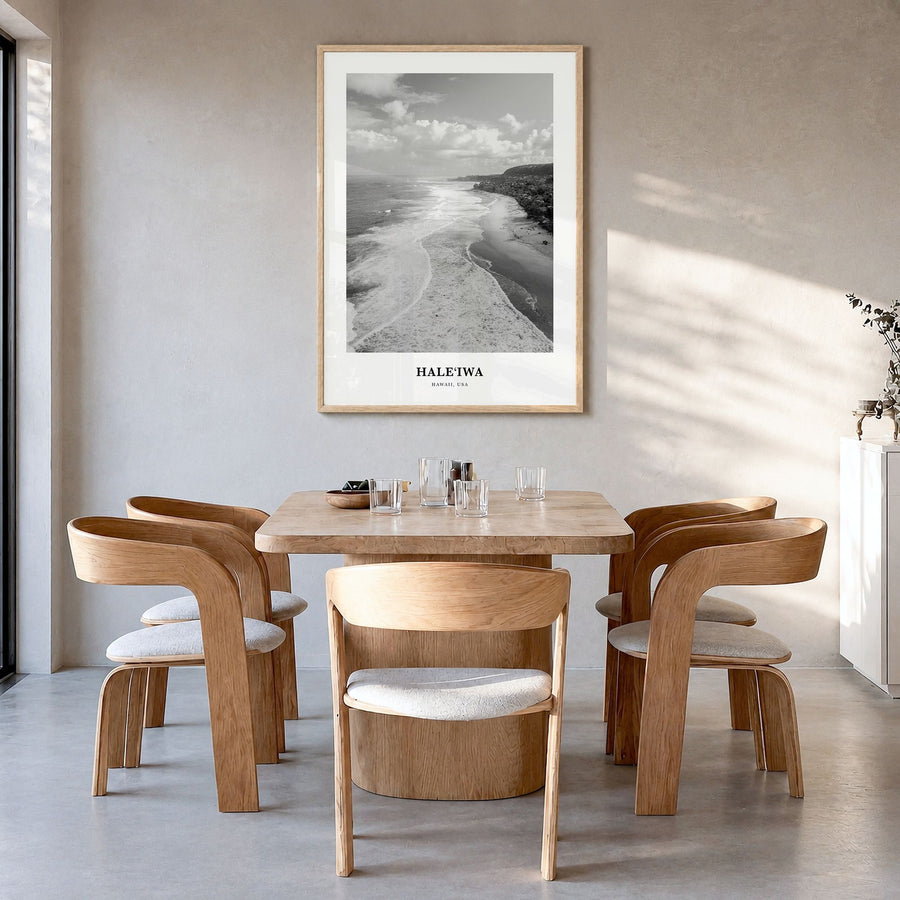 Haleiwa Classic No 2 Poster in a natural wood frame, hanging in a dining room