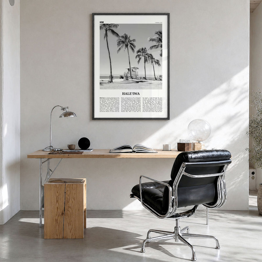 Haleʻiwa Newspaper No 1 Poster in a black wood frame, hanging in a bright home office