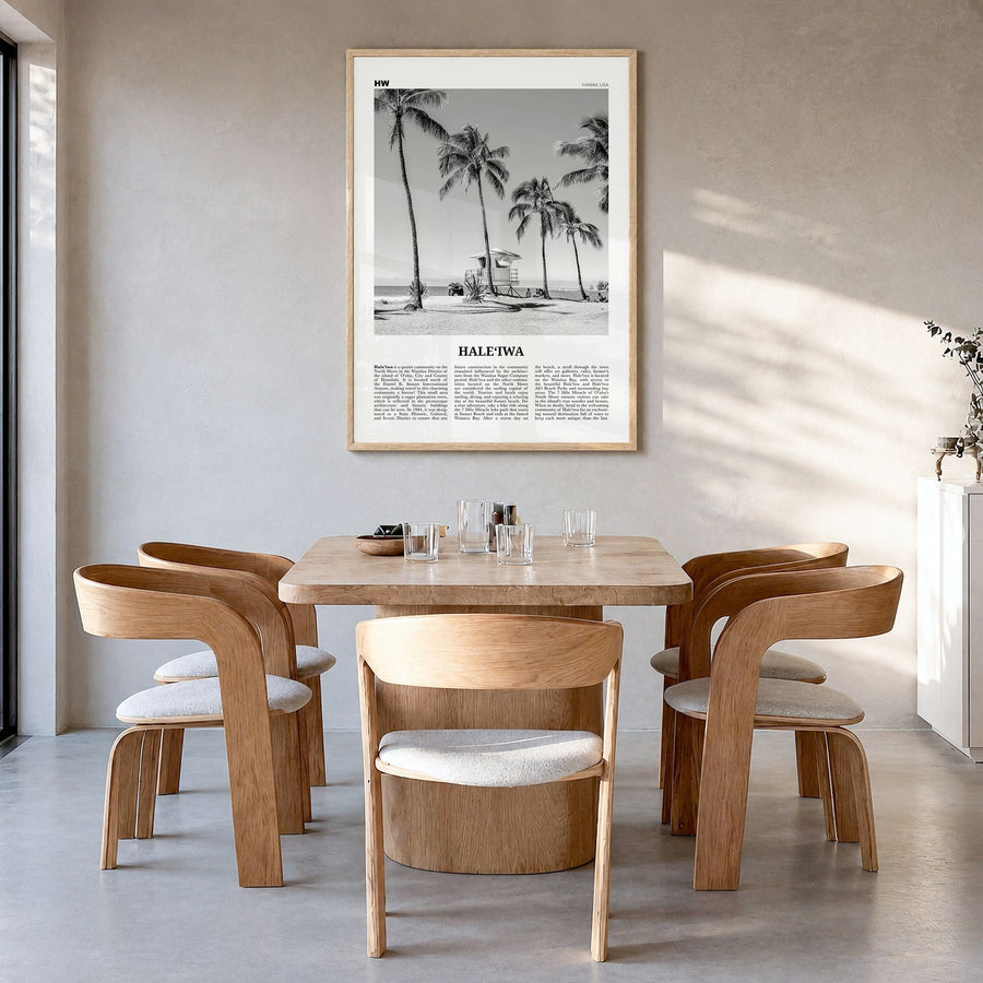 Haleʻiwa Newspaper No 1 Poster in a natural wood frame, hanging in a dining room