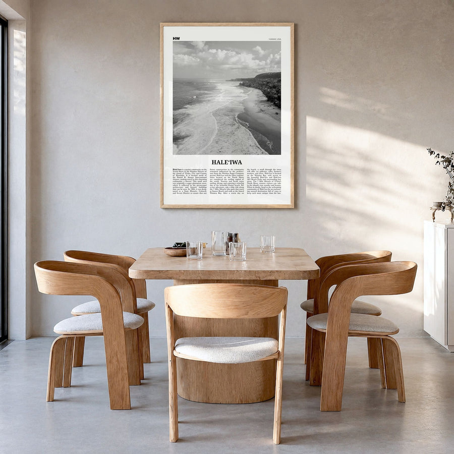 Haleʻiwa Newspaper No 2 Poster in a natural wood frame, hanging in a dining room