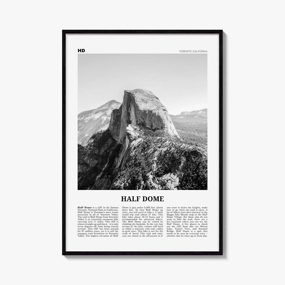 Half Dome black & white newspaper poster of Yosemite, California – vertical wall art, unframed print shown in interior mockup