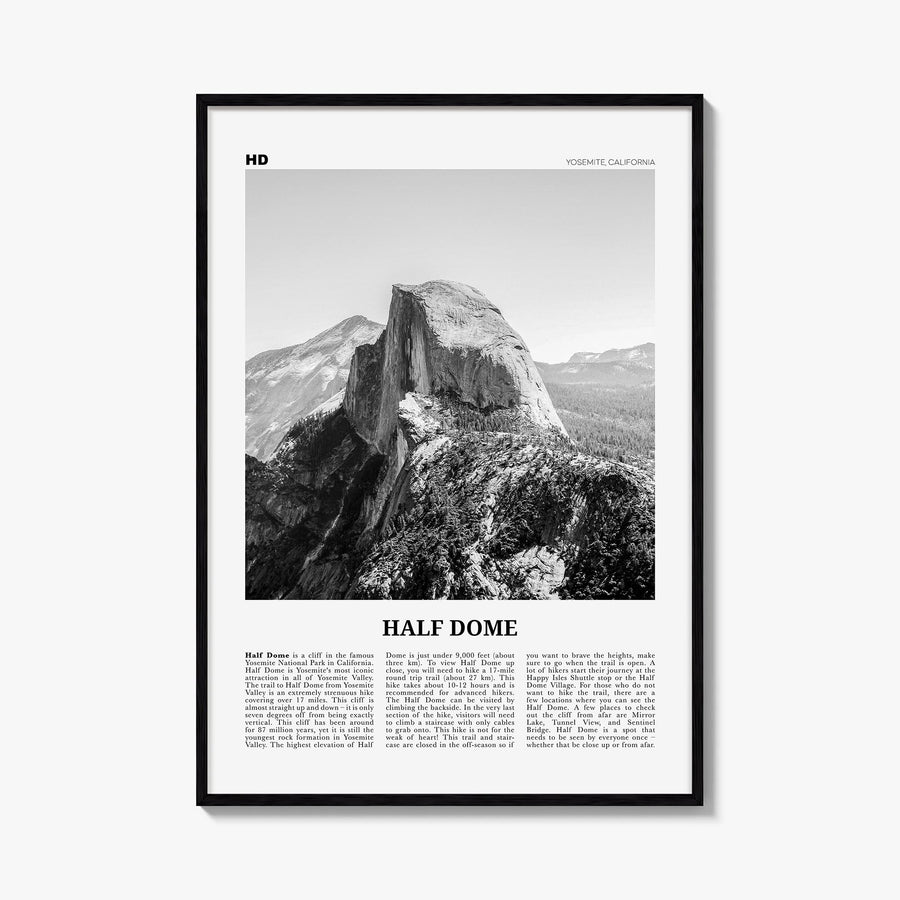 Half Dome black & white newspaper poster of Yosemite, California – vertical wall art, unframed print shown in interior mockup