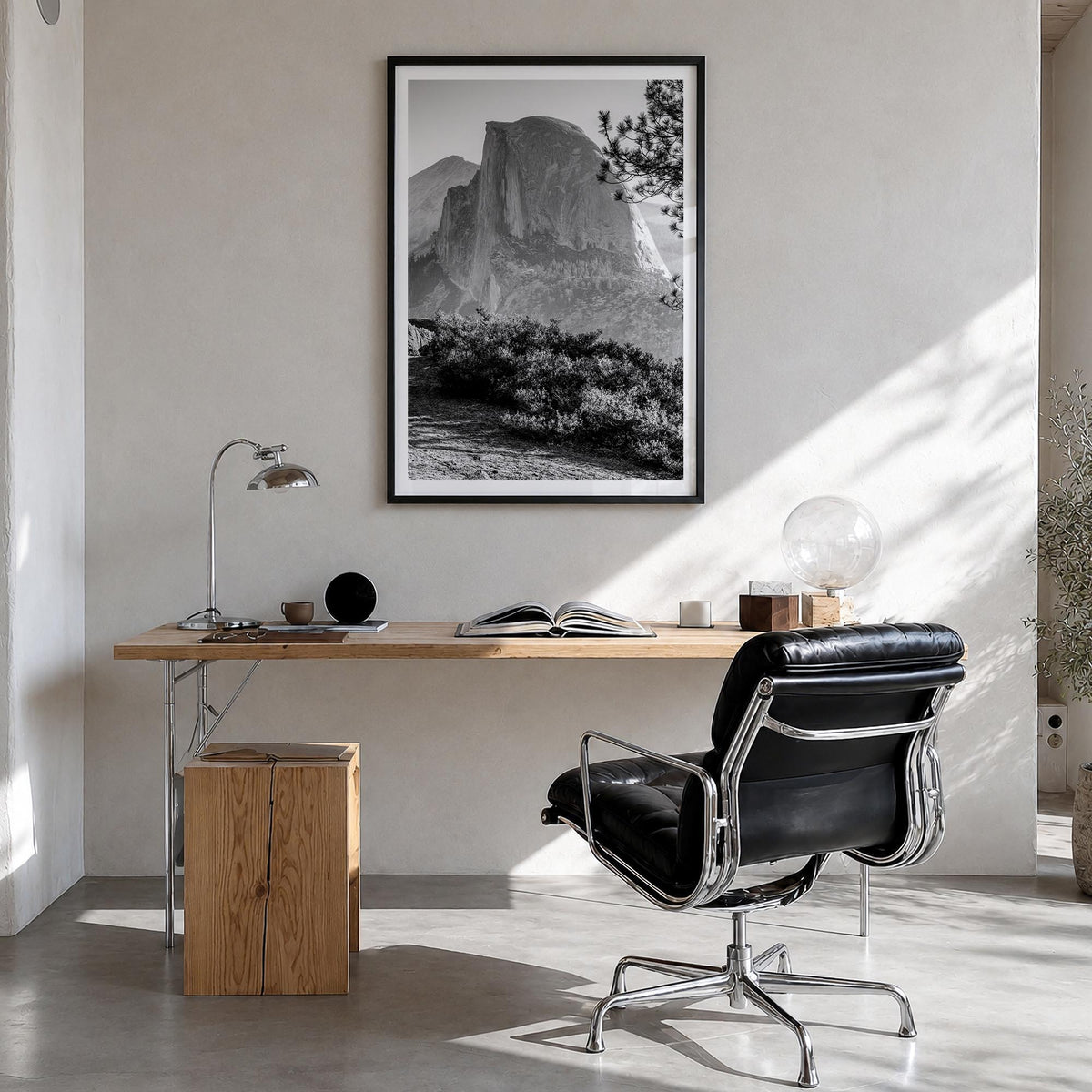 Half Dome black & white photo poster of Yosemite, California – vertical wall art in black wood frame with white border, hangi