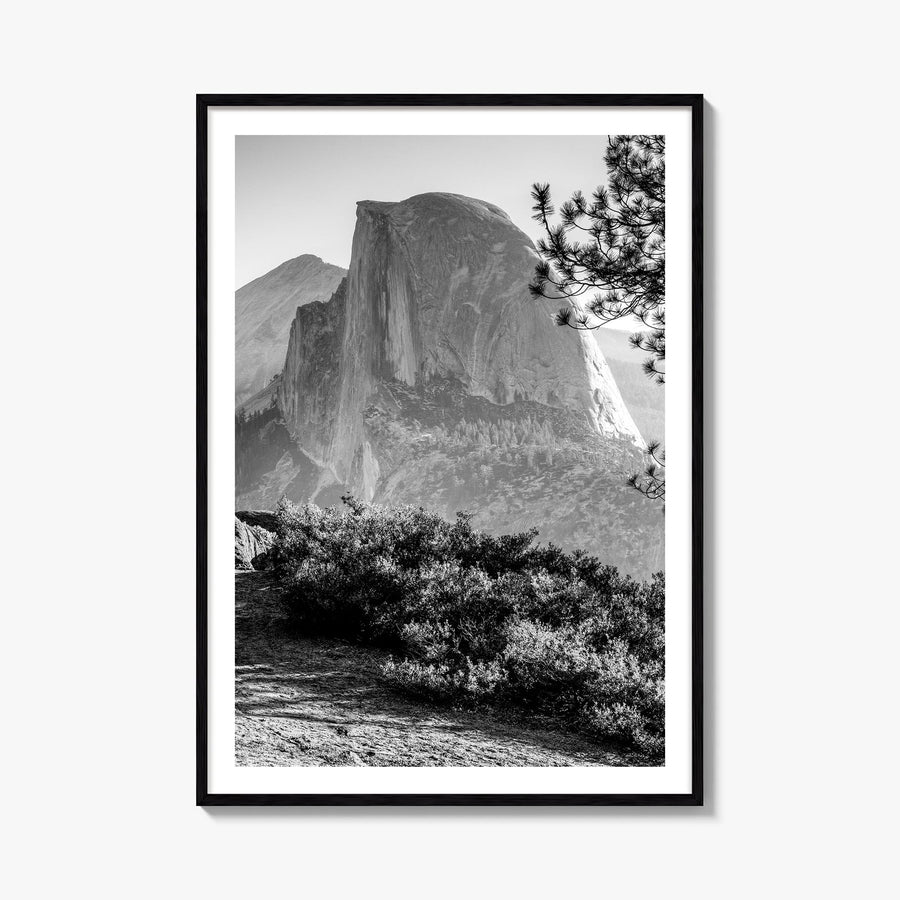 Half Dome black & white photo poster of Yosemite, California – vertical wall art, unframed print shown in interior mockup
