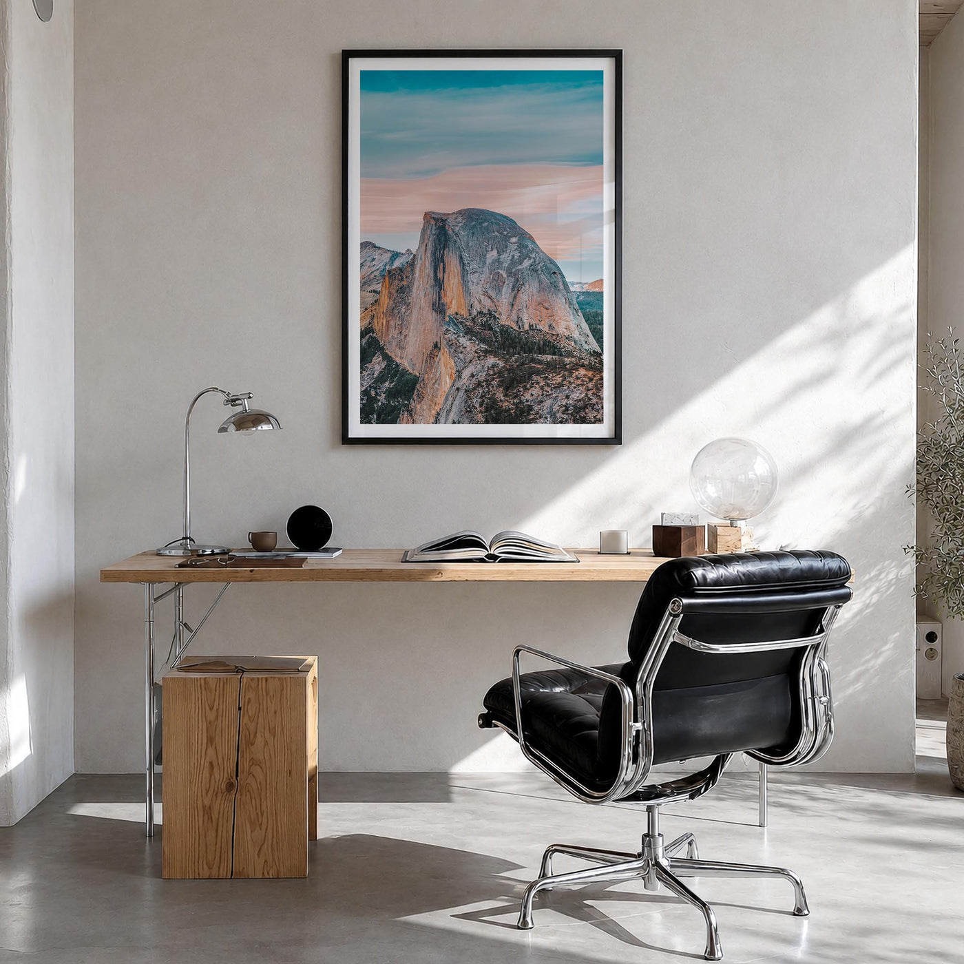Half Dome colorful photo poster of Yosemite, California – vertical wall art in black wood frame with white border, hanging on