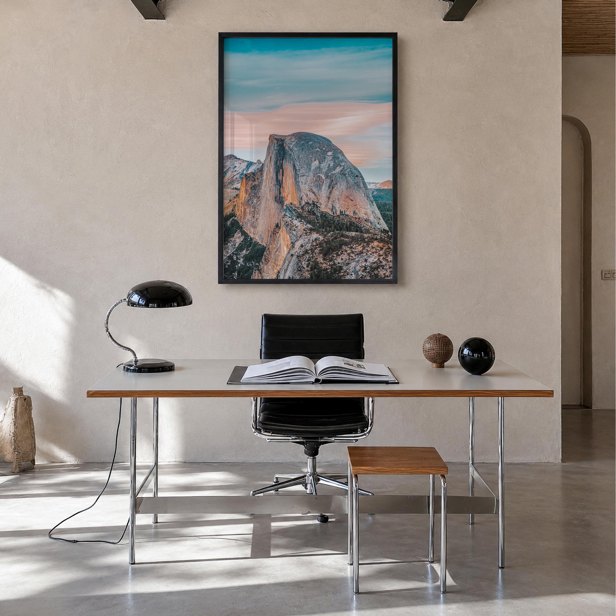 Half Dome colorful photo poster of Yosemite, California – vertical wall art in black wood frame, hanging on wall